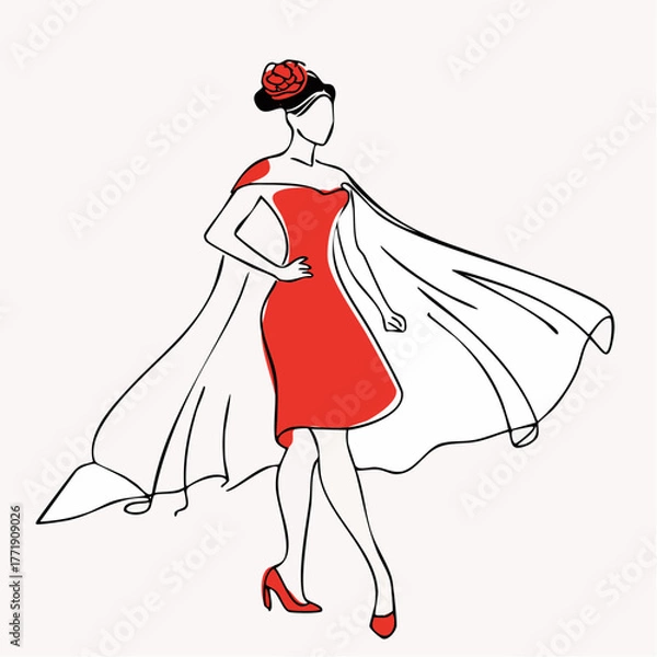 Fototapeta scarlet capelet siren in bloom crown and flowing sheath with confident editorial stride