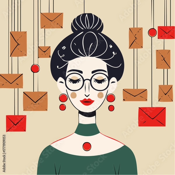 Fototapeta stringbound missive muse with bun, round glasses, pendant, floating sealed envelopes and rouge calm
