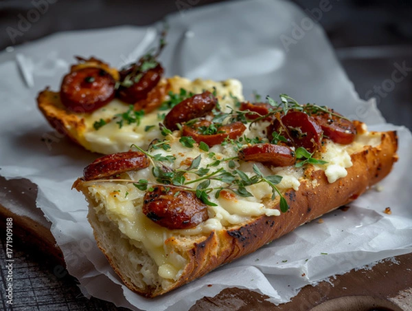 Fototapeta pizza sub slices sandwiches with cheese and spicy chorizo sausage