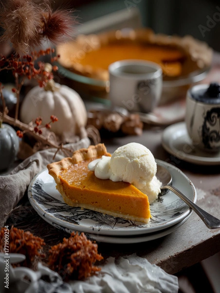 Fototapeta spooky Halloween pumpkin pie with ice cream and raspberry sauce