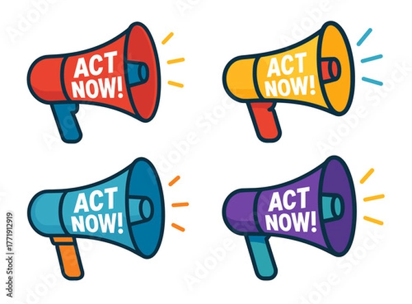 Fototapeta Colorful megaphones with 'act now' message in red, yellow, blue, and purple