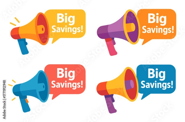 Fototapeta Colorful megaphones with big savings speech bubbles