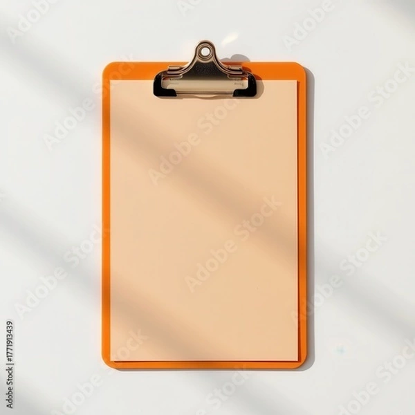 Fototapeta Blank Clipboard with Orange Border on White Surface under Soft Natural Light for Creative Projects and Notes