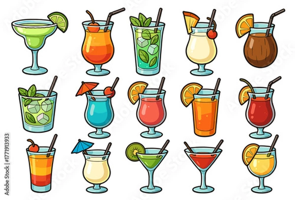 Fototapeta Assorted colorful cocktails with garnishes and straws