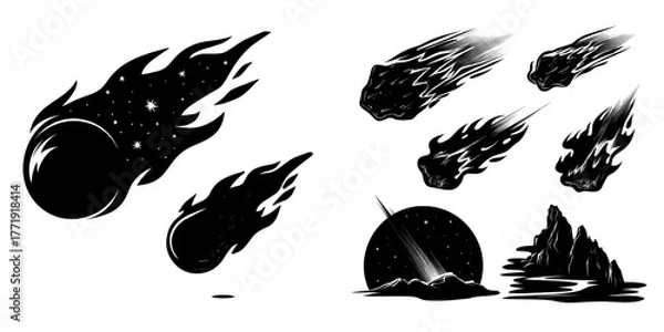 Fototapeta A modern cartoon illustration depicts a space comet with a burning tail flying in a dark sky, accompanied by a meteor with a fire trail and shooting stars falling, all glowing in darkness against an