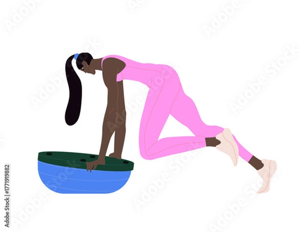Fototapeta Woman doing bosu ball plank to push up or walking plank up downs exercise. Flat vector illustration isolated on white background.