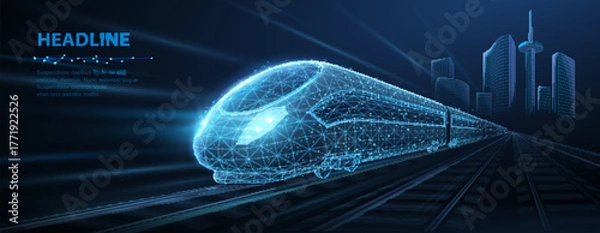 Obraz Fast express passenger train on high speed intercity railway moving from city. Futuristic technology. Modern town cityscape. 3d abstract railroad travel concept

