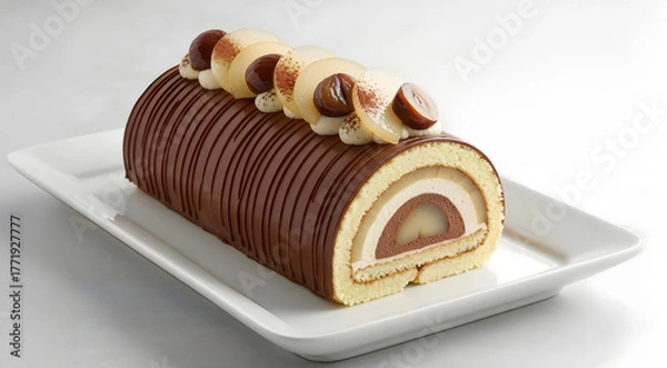 Fototapeta Bûche de noël poire, chocolat, châtaigne