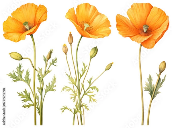 Obraz PNG Vibrant botanical poppy illustration, element set on transparent background