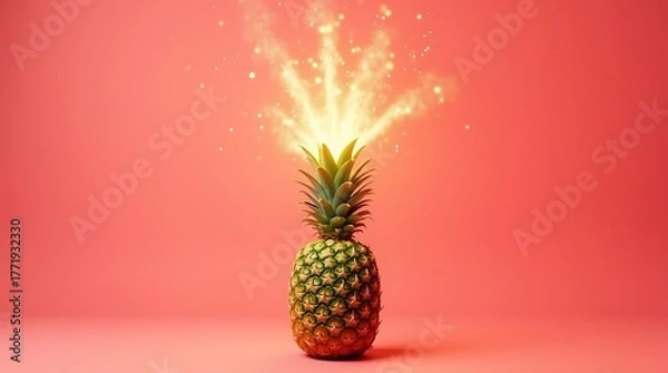 Fototapeta A pineapple with a magical glow on a pink background in studio shot