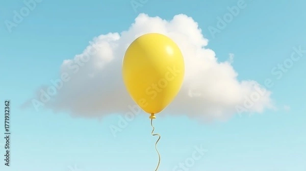 Fototapeta Yellow balloon floats against a backdrop of fluffy white cloud and blue sky