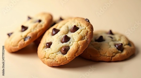 Fototapeta Freshly baked chocolate chip cookies on a beige surface, close up shot