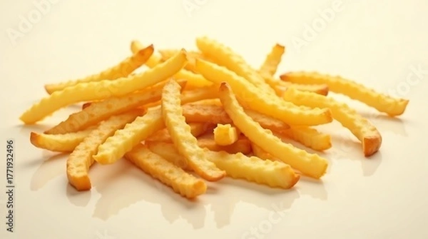 Fototapeta Pile of golden and crispy french fries on a bright surface, close up