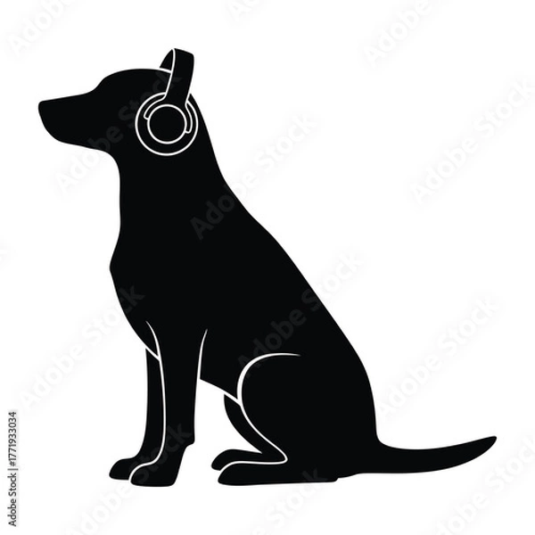 Obraz A sleek silhouette of a dog sitting and enjoying music through headphones, a modern and stylish image