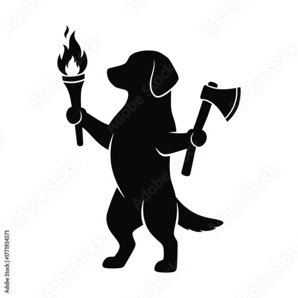 Obraz A silhouette of a dog holding a torch and an axe, the dog is standing on its hind legs and has a determined expression