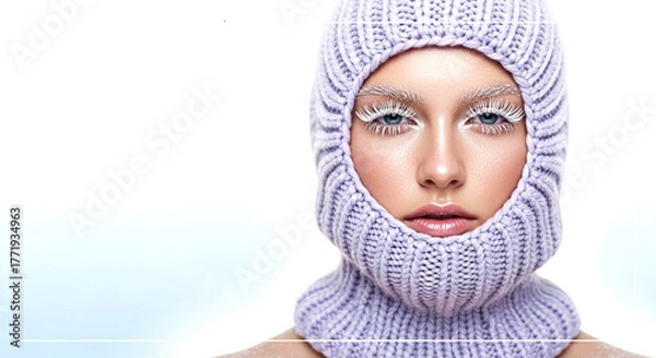 Fototapeta Winter Vogue: A captivating model, embraces the serene beauty of winter, wrapped in a cozy knitted cap. Evoking a sense of tranquil elegance.