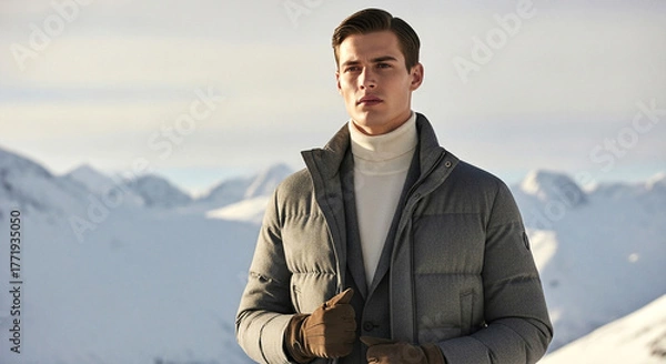 Fototapeta Stylish man in snowy mountain: A handsome man exudes an aura of confidence and elegance as he stands amidst a pristine snowy mountain landscape, draped in refined apparel.