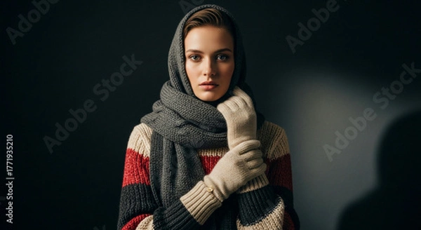 Fototapeta Elegant Woman in Winter Attire: A woman exudes a serene aura as she is elegantly draped in a winter ensemble. Her captivating gaze draws the viewer in.