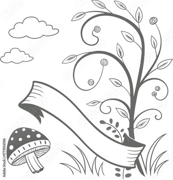 Fototapeta Whimsical floral banner with mushroom and clouds for decorative design isolated on transparent background