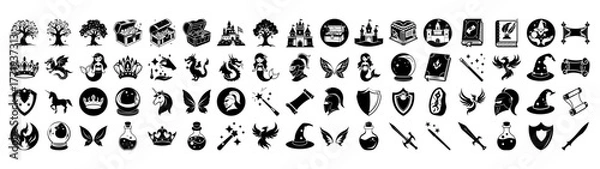 Fototapeta A collection of fantasy and magic icons including castles, dragons, wizards, potions, shields, swords, and mythical creatures