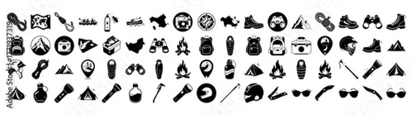 Obraz A large collection of camping and hiking icons, including tents, backpacks, compasses, maps, boots, binoculars, flashlights, and campfires, all isolated on a