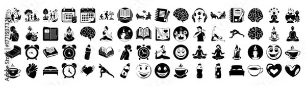 Fototapeta A diverse collection of icons representing health, wellness, and lifestyle, including yoga, meditation, brain, heart, coffee, and time management