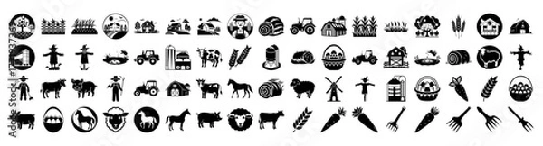 Obraz A diverse assortment of black and white icons related to farming and agriculture, featuring elements like tractors, barns, farm animals, crops, and gardening tools, all isolated on a