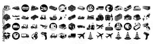 Obraz Comprehensive set of black and white icons illustrating logistics, transportation, and shipping elements, including containers, vehicles, and global symbols, isolated on a