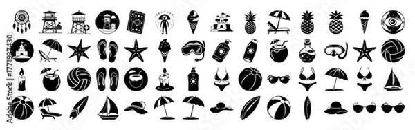 Fototapeta Collection of summer vacation and beach icons, including sunglasses, swimsuits, beach balls, surfboards, umbrellas, pineapples, ice cream, and more, all isolated on a