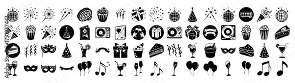 Obraz A diverse assortment of black icons celebrating parties and events, featuring elements like confetti, cakes, gifts, masks, balloons, and musical notes, isolated on a