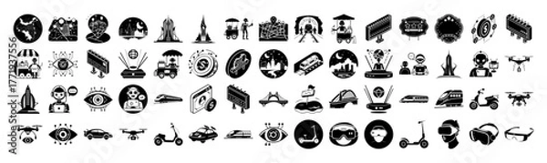 Obraz A collection of black and white icons representing transportation, technology, and futuristic concepts, including cars, drones, scooters, and vr headsets, all isolated on a