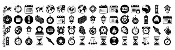 Fototapeta Collection of time and calendar icons, including clocks, watches, hourglasses, and calendars