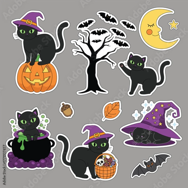 Obraz Halloween sticker set featuring a black cat. Vector illustration.