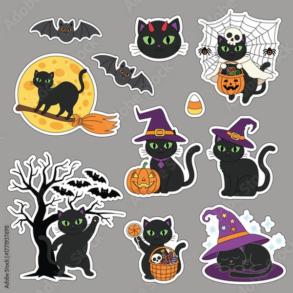 Obraz Halloween sticker set featuring a black cat. Vector illustration.