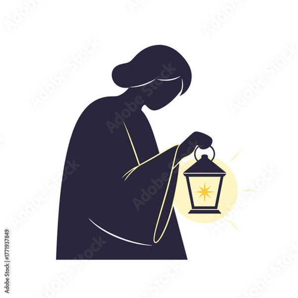 Fototapeta Woman holding a lantern and illuminating the darkness with light  