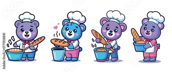 Fototapeta Adorable cartoon bears dressed as chefs joyfully bake fresh bread with smiles and hearts, perfect for culinary themes