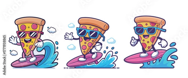 Fototapeta Cool pizza slices surf the ocean waves wearing sunglasses embodying summer fun and adventure