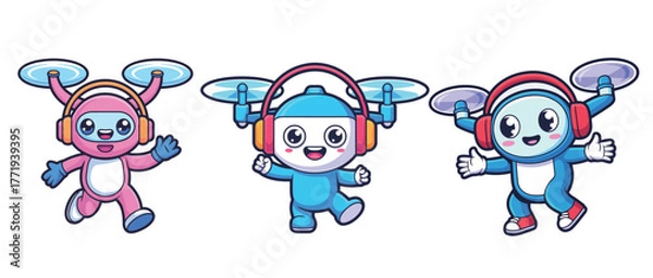 Fototapeta Adorable cartoon drones ready for fun, dynamic tech illustration perfect for education, games, and playful designs
