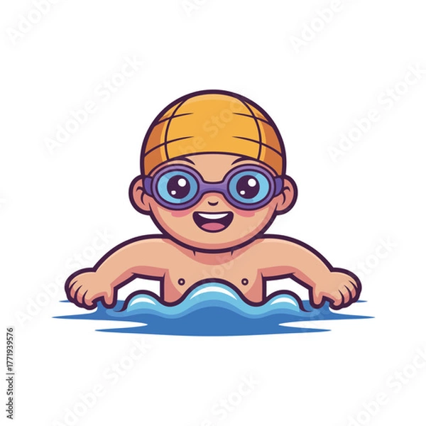 Fototapeta Joyful young swimmer in goggles and cap enjoying the water, perfect for summer fun, sports, and aquatic activities, cheerful and vibrant