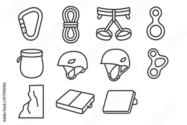 Obraz Rock Climbing Icons. Line style icons of Rock Climbing: Carabiner, Rope, Harness, Chalk Bag, Helmet, Belay Device, Cliff Face,