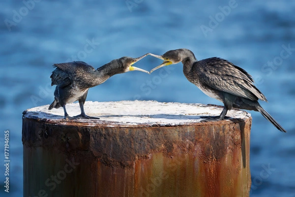 Obraz Zwei jugendliche Kormorane (Phalacrocorax carbo), Verhalten mit geöffneten Schnäbeln auf einem alten Metallpfosten vor blauem Meer - Zinnowitz, Insel Usedom, Ostsee, Deutschland