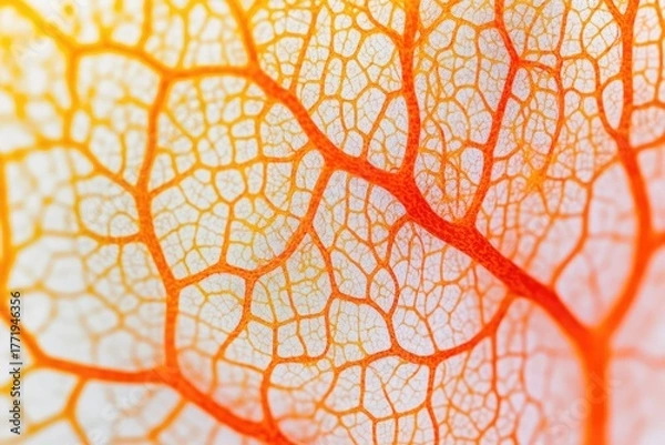 Fototapeta Close-up of a delicate, vibrant orange and red leaf skeleton showcasing its intricate, natural vein network against a white background.