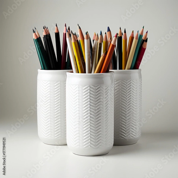 Obraz Stylish neutral pen pot soft pastel aesthetic cute minimal desk stationery container