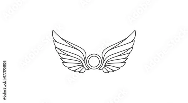 Fototapeta A minimalist line art illustration of a pair of stylized wings with a circular emblem in the center.