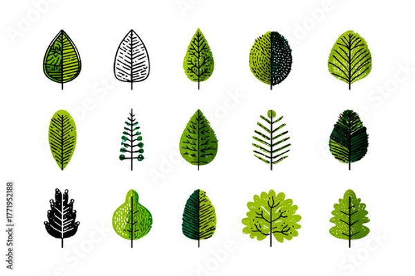 Fototapeta Collection of vibrant green leaf patterns detailed textures and natural forms representing flora isolated on transparent background