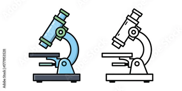 Obraz Blue and green cartoon microscope with black outline on white background science laboratory