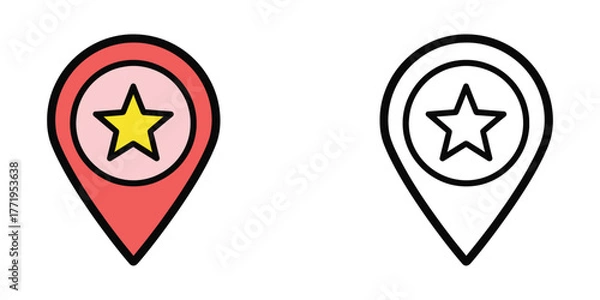 Obraz Two map pin icons one red with yellow star one black outline with star location marker