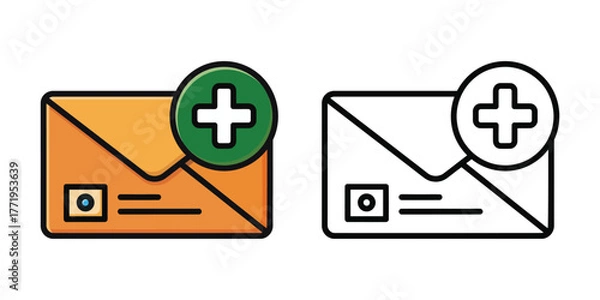Obraz Orange envelope icon with green plus sign and outline version mail message