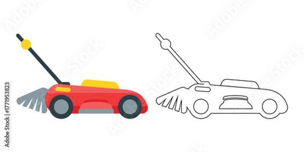 Obraz Red and yellow lawn mower with grey brush and outline version garden equipment red lawn mower