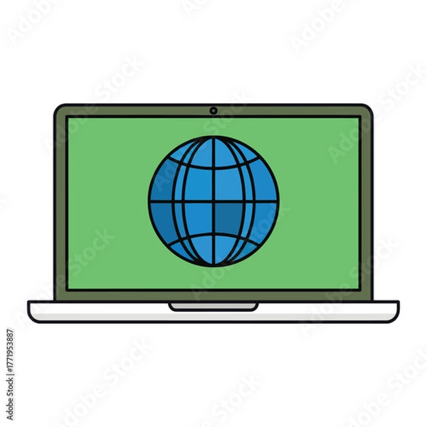 Obraz Laptop computer displaying a blue globe icon on a green screen vector